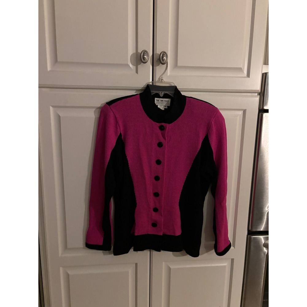 The Michael Collection‎ Vintage Wool Blend Colorblock Cardigan Pink Black XL USA